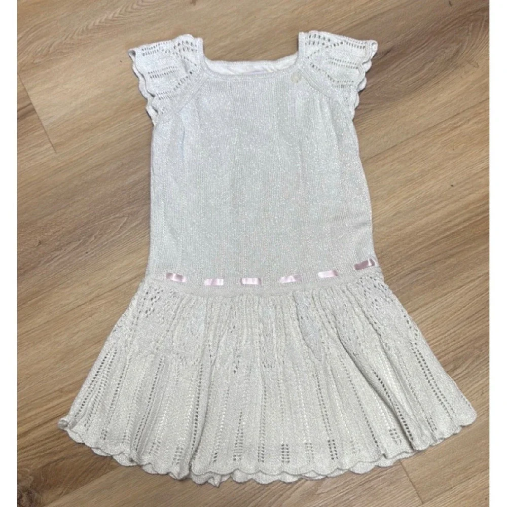 American Girl Girls Metallic Knit Dress Cream White Silver Pink Ribbon Size 8